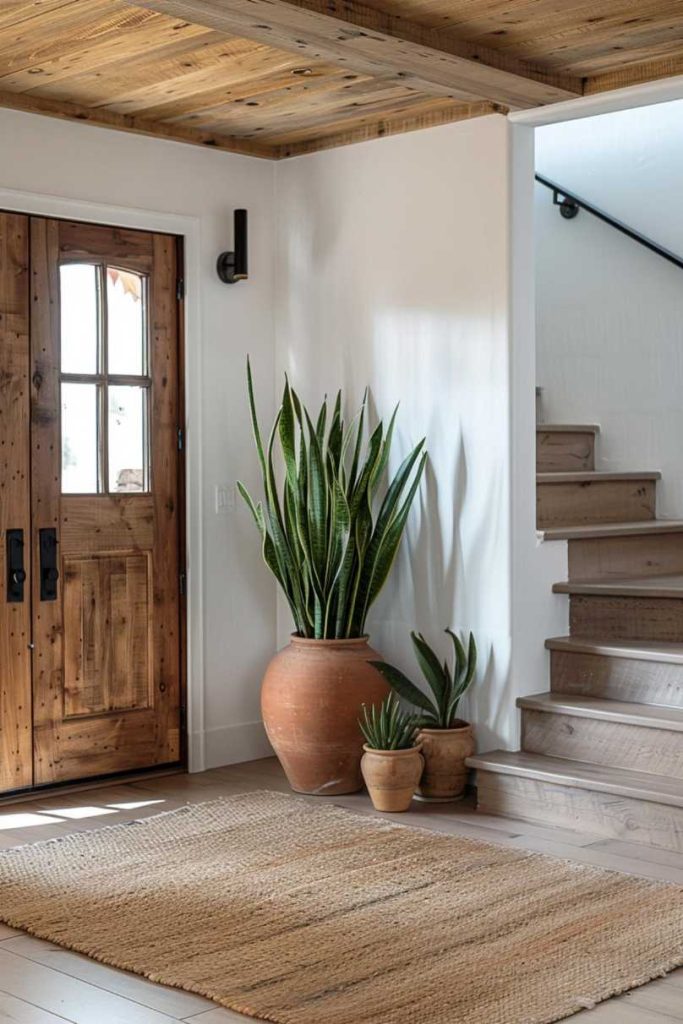 A rustic entryway features a wooden door with glass panels, large potted plants, a natural woven rug and a staircase leading upstairs.