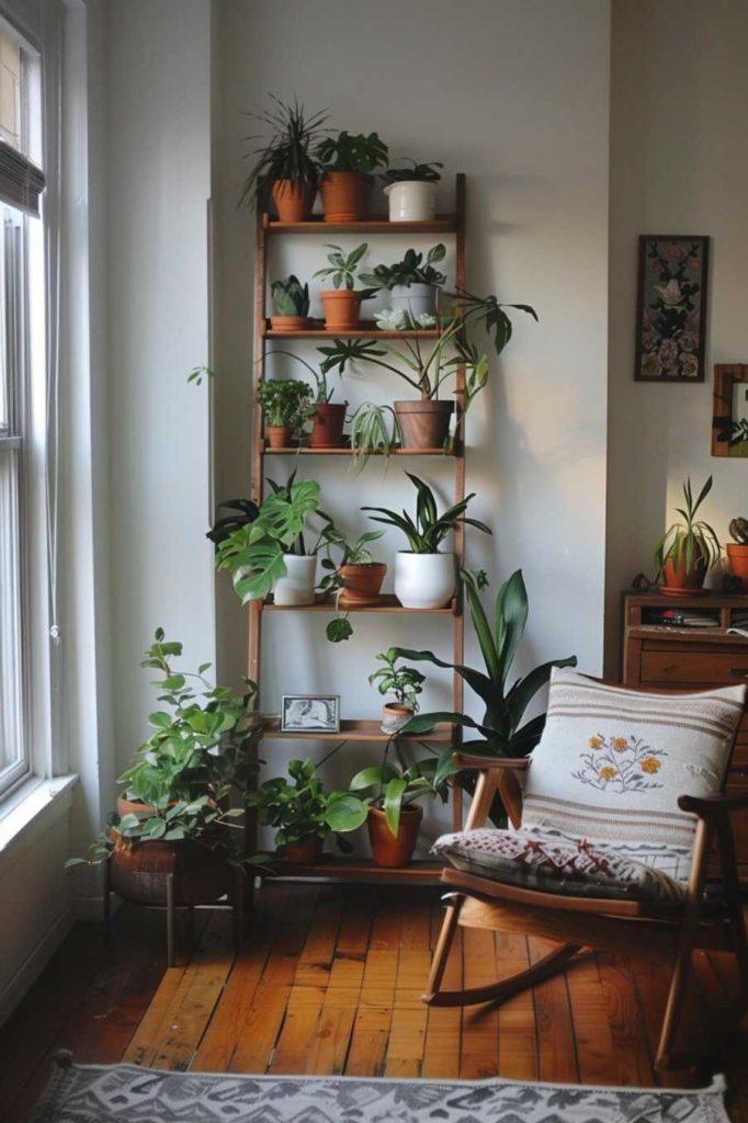 A wooden ladder shelf with various potted plants stands on a white wall next to a window. To the right, a chair with a patterned cushion sits on a hardwood floor.