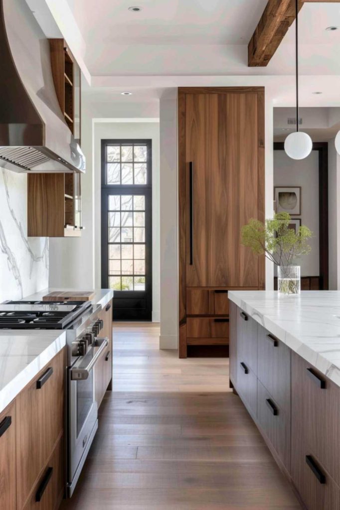 Modern kitchen with wood cabinets, marble countertops, and stainless steel appliances. There is a plant in a vase on the island, and a black-framed glass door in the background.