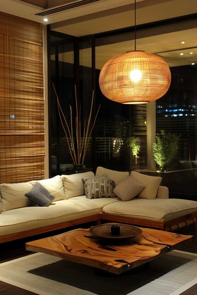 A cozy living room with a sofa set with cushions, a wooden coffee table and a large round pendant lamp. Bamboo blinds and potted plants add to the warm, inviting atmosphere.