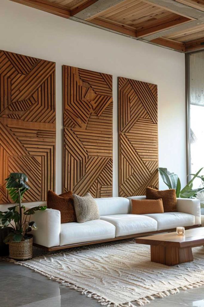 A modern living room features a white sofa with brown pillows, a textured rug, a wooden coffee table, geometric wooden wall art, and potted plants.