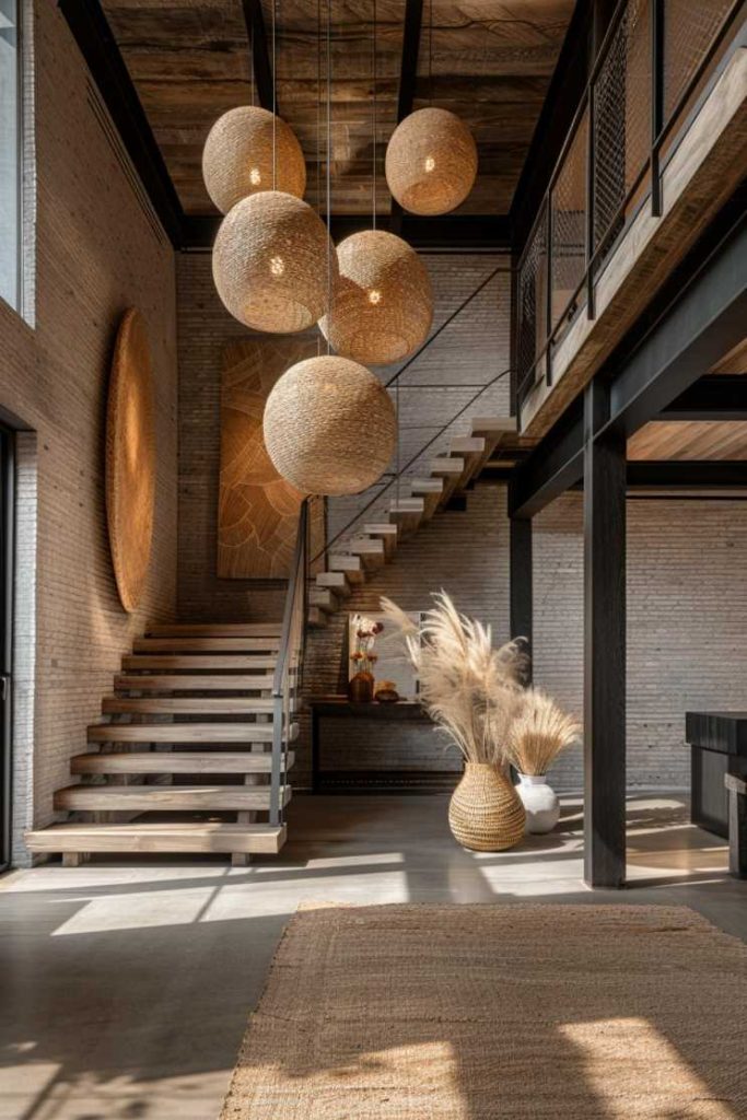 A modern interior features a staircase with wooden steps, hanging globe-shaped lights, a woven floor mat, and natural decor including a vase of dried pampas grass.