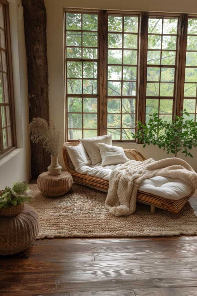 A cozy room with large windows, a wooden daybed with pillows and a blanket, surrounded by houseplants and decorative items on a woven carpet.