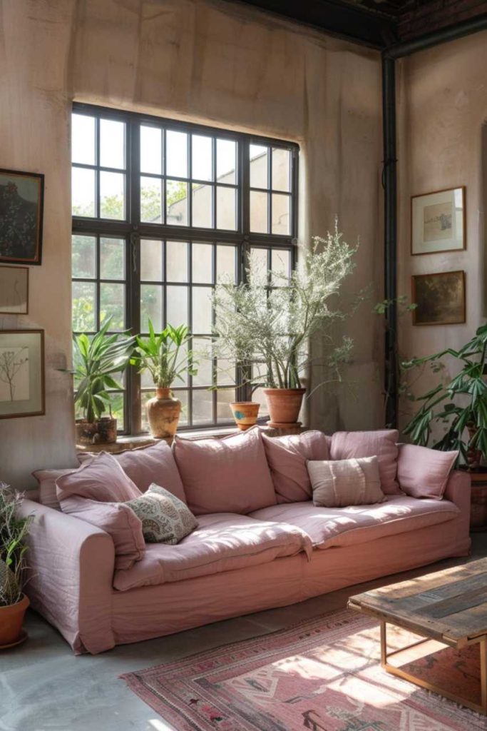 A cozy living room with a soft pink sofa surrounded by various potted plants. Large windows let in lots of natural light. A patterned rug and a wooden coffee table complete the room.