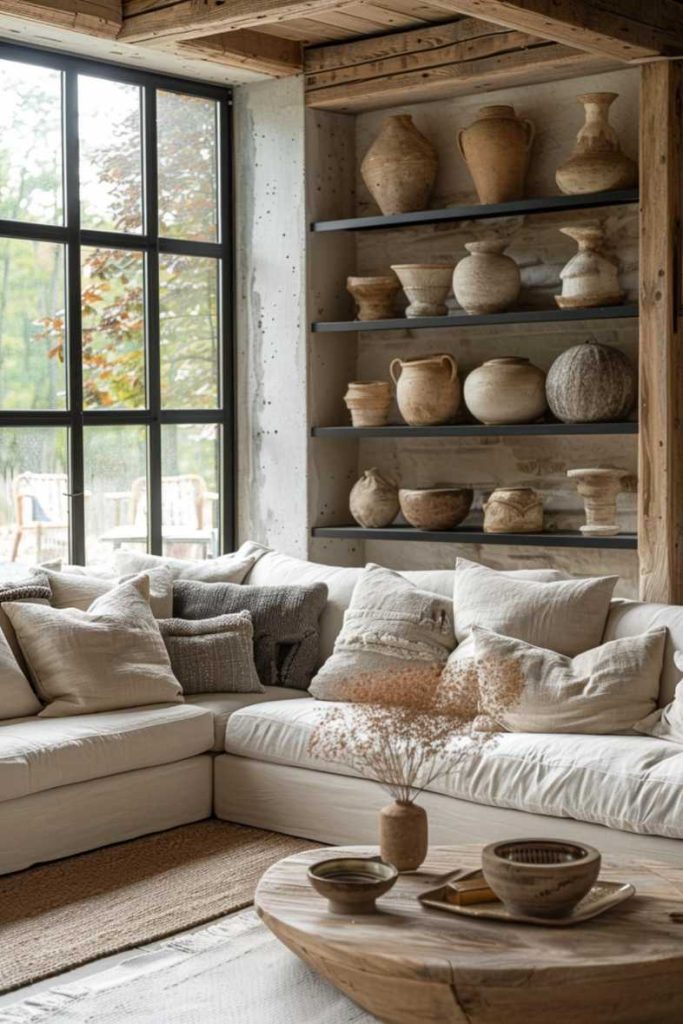 Cozy living room with a white sofa set, a wooden coffee table and a shelf with various clay pots and vases. Large windows provide a view of the greenery.