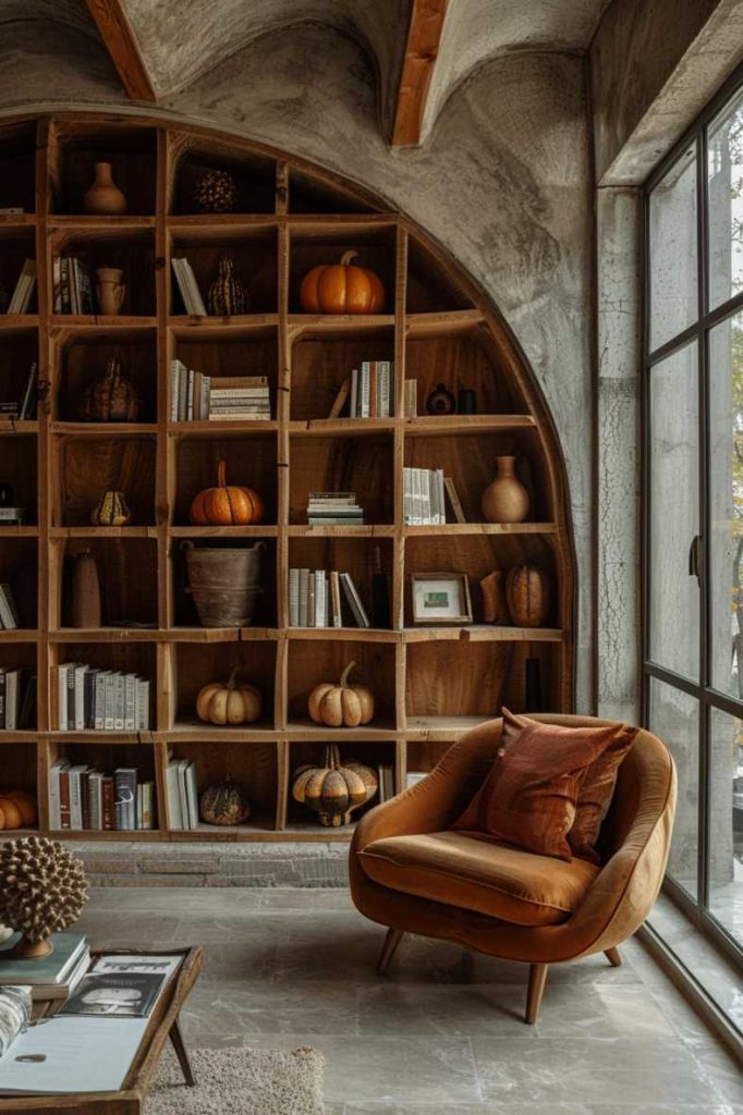 A cozy reading nook with an orange armchair, wooden shelves with books and decorative pumpkins, and a large window that lets natural light brighten the room.