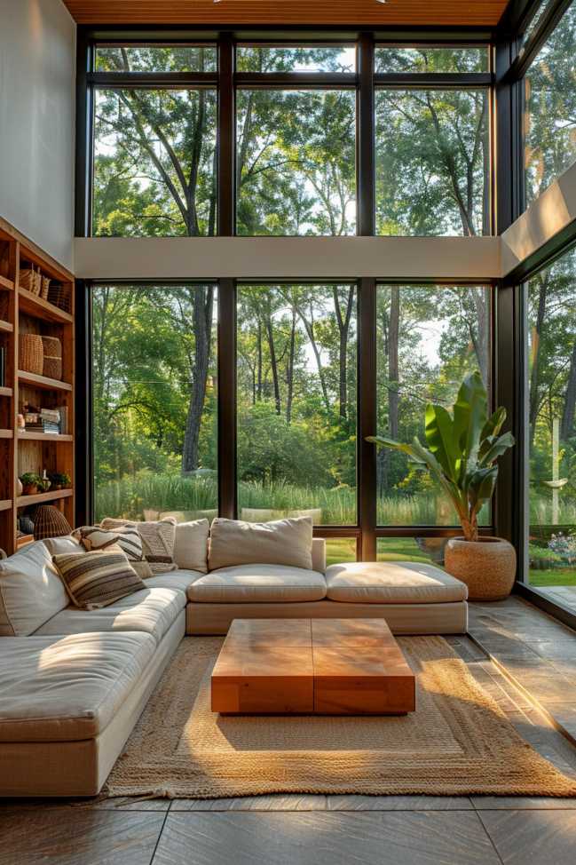 A modern living room with floor-to-ceiling windows, a white sectional sofa, a wooden coffee table, a large potted plant and built-in shelves overlooking a lush, wooded area outside.