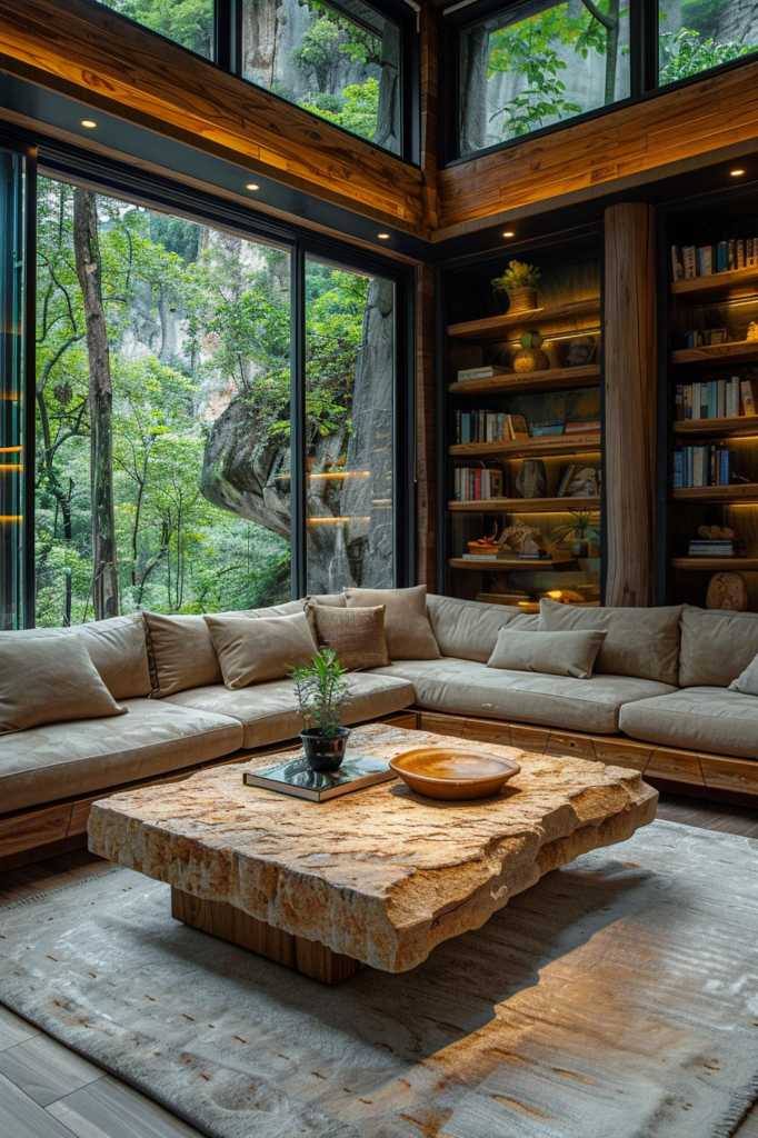 A cozy living room with a large sofa set, a rustic wooden coffee table and bookshelves. Large windows reveal a lush forest outside.