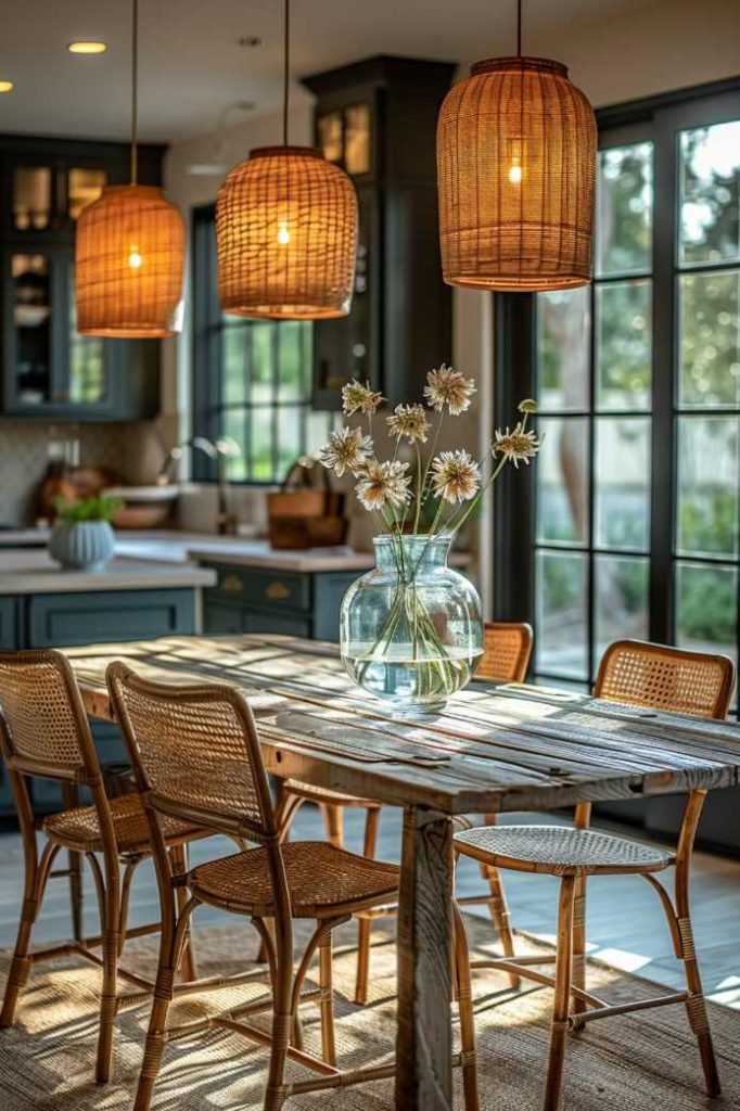 The dining area in the kitchen features a wooden table with a flower vase surrounded by wicker chairs and lit by three hanging rattan lamps. Sunlight streams in through large windows.