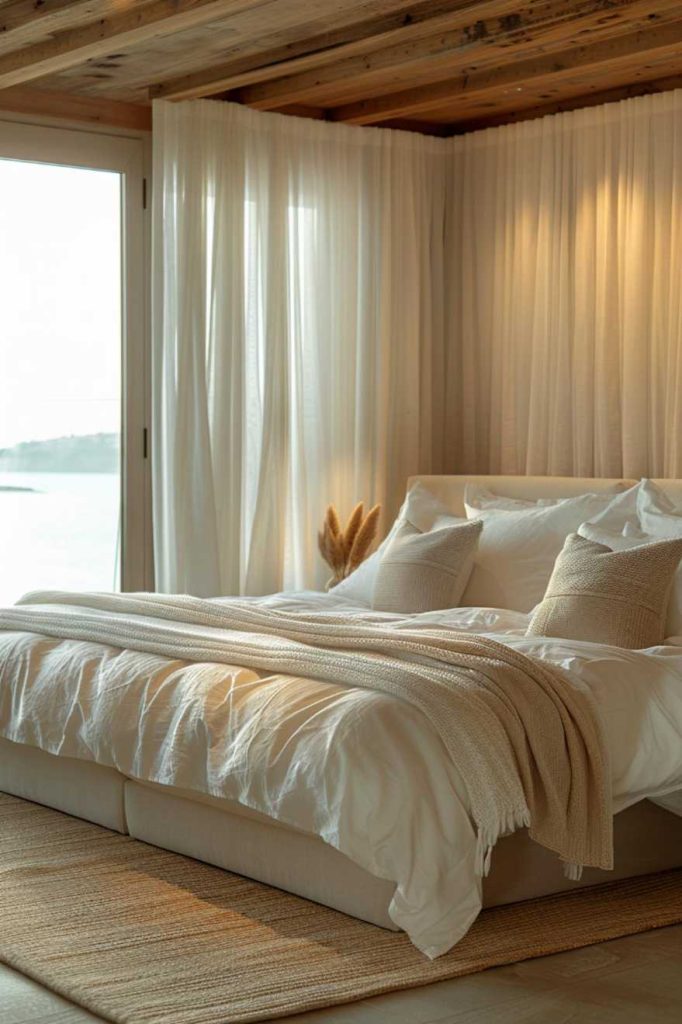 A cozy bedroom with a large bed, white bed linen, beige blankets and pillows. Sheer white curtains hang on a large window overlooking the outdoors. Warm light creates a relaxed atmosphere.