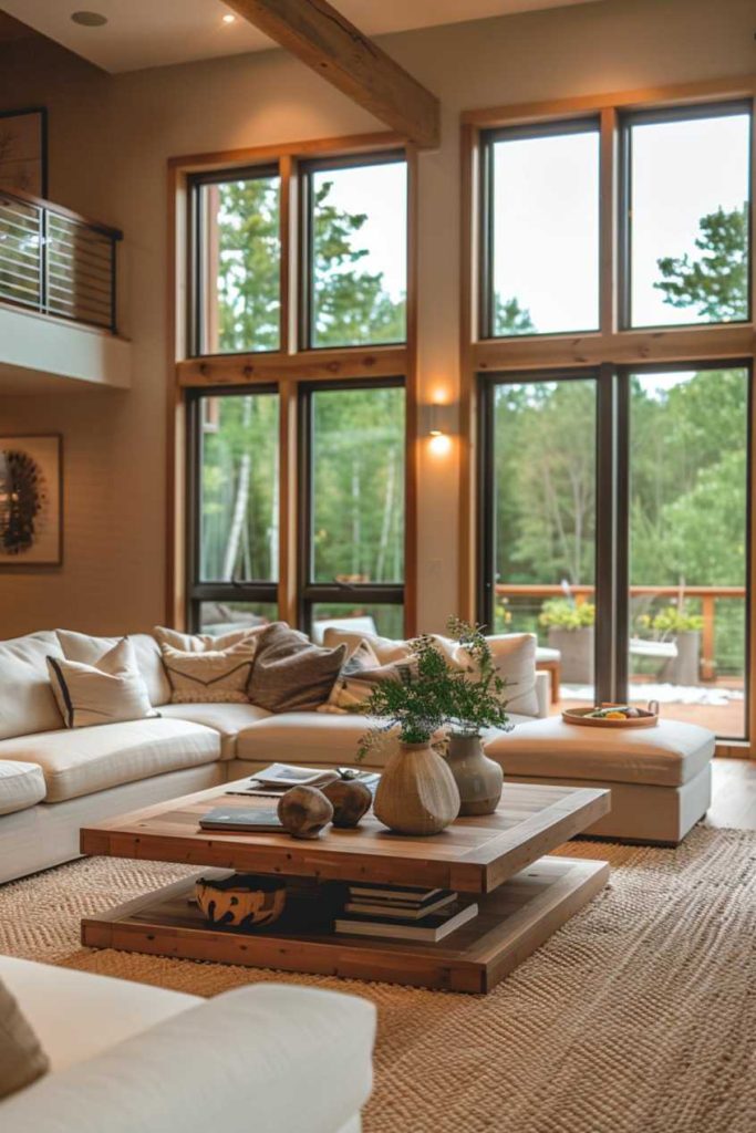 Modern living room with large windows, a bright sofa set, a wooden coffee table with decor and a view of a wooded area outside.