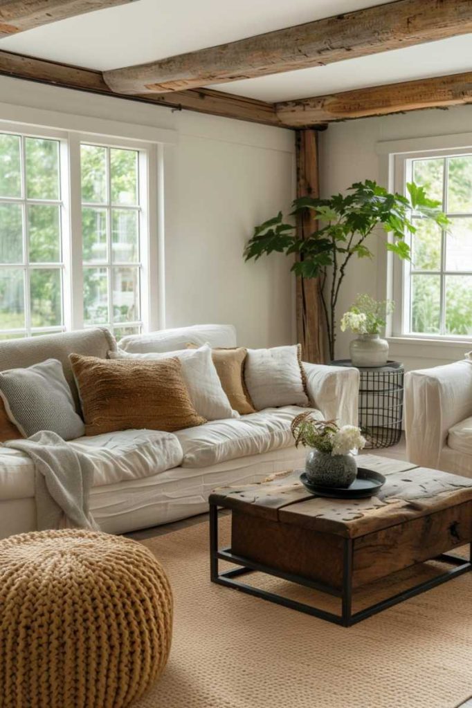 A cozy living room with a white sofa, various pillows, a wooden coffee table, a knitted stool, potted plants and large windows that let in natural light.