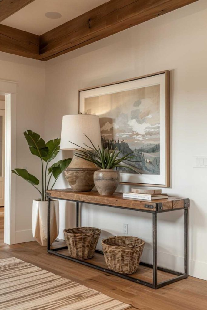 Two ceramic vases and a table lamp stand on a wooden console table with metal legs. Below are two woven baskets. A landscape painting and a potted plant can be seen in the background.