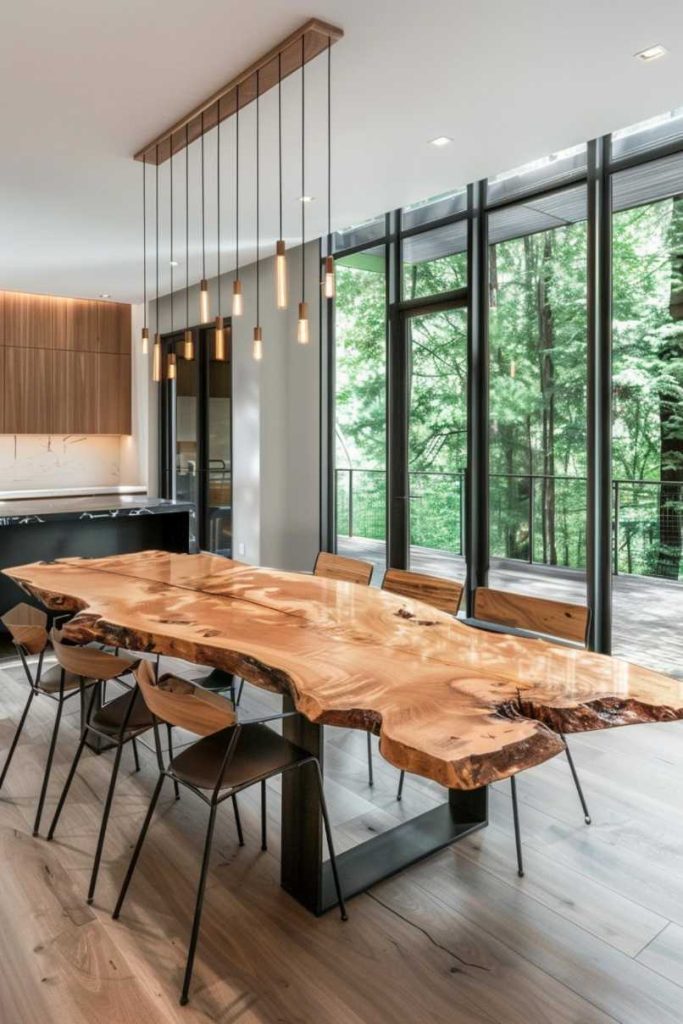 A modern dining area with a live edge wooden table and eight chairs, pendant lighting, floor-to-ceiling windows and views of a wooded area outside.