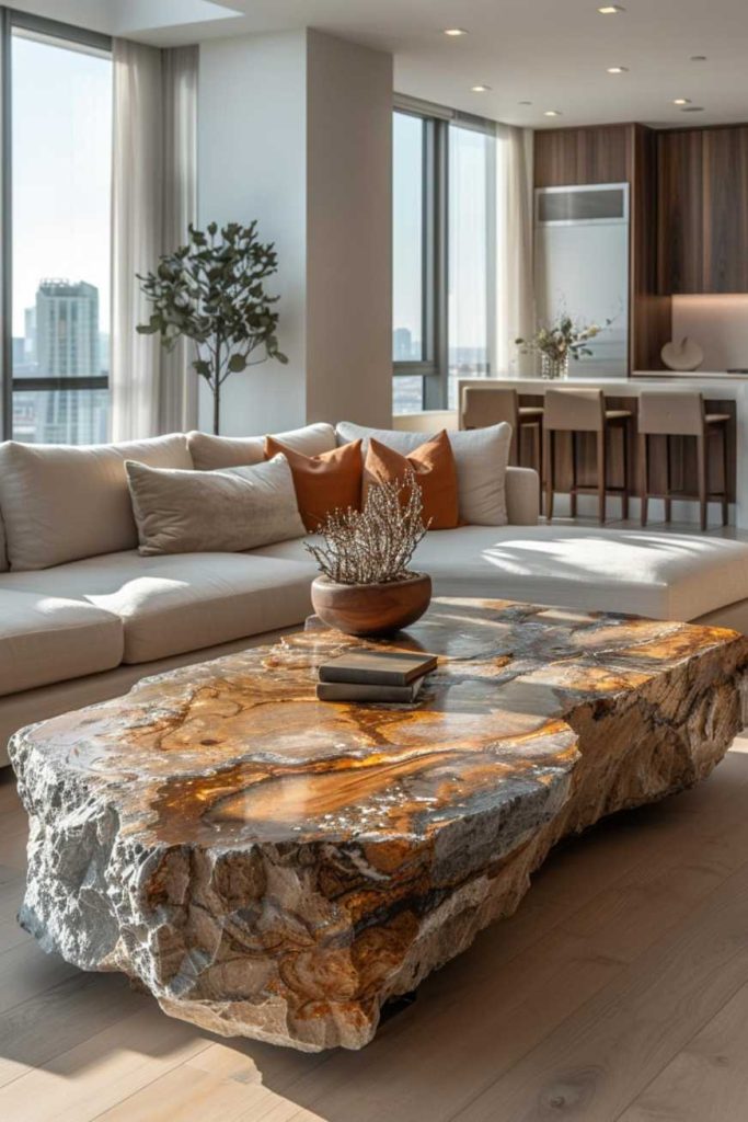 A modern living room with a large stone coffee table, a white sofa set, orange pillows and floor-to-ceiling windows that reveal a view of the city in the background.