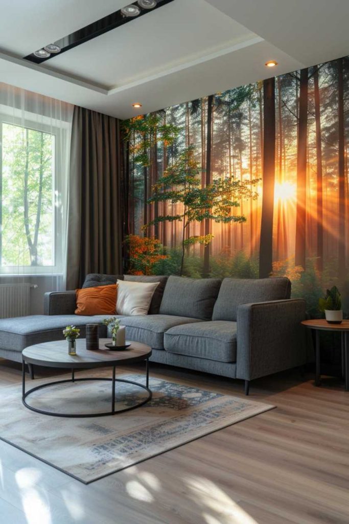 Modern living room with gray sofa, round coffee table and large forest-themed mural with sunlight streaming through the trees. Hardwood floors and a window with white curtains complete the room.