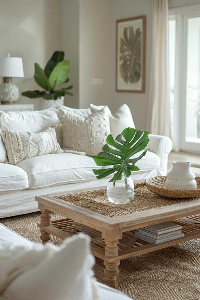 A living room with white sofas, a wooden coffee table, a large green leaf in a glass vase, woven textiles and a large plant in a corner. Neutral tones and natural textures dominate the decor.