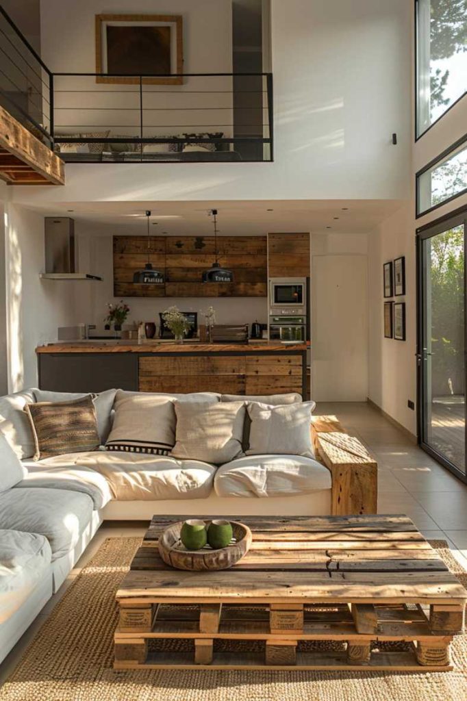 A modern sunlit living room with a large white sofa set, a wooden pallet coffee table and a view of the kitchen in the background with wooden cabinets and bar stools.