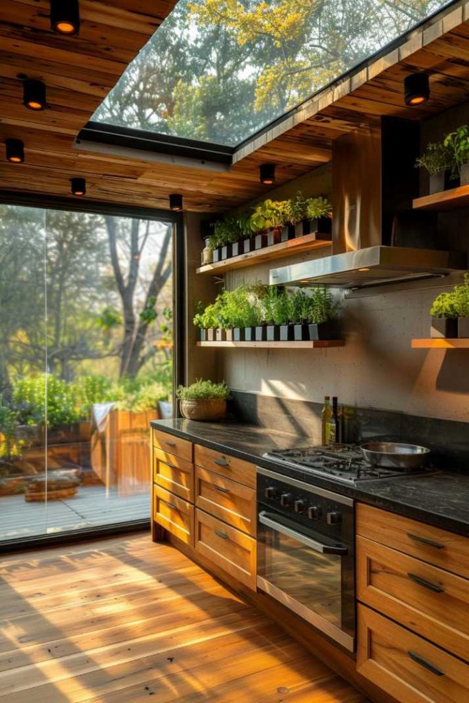 Modern kitchen with wooden cabinets, black countertop and glass ceiling. Plants line the shelves next to a stainless steel stove and sink. Large window overlooks a lush outdoor space.