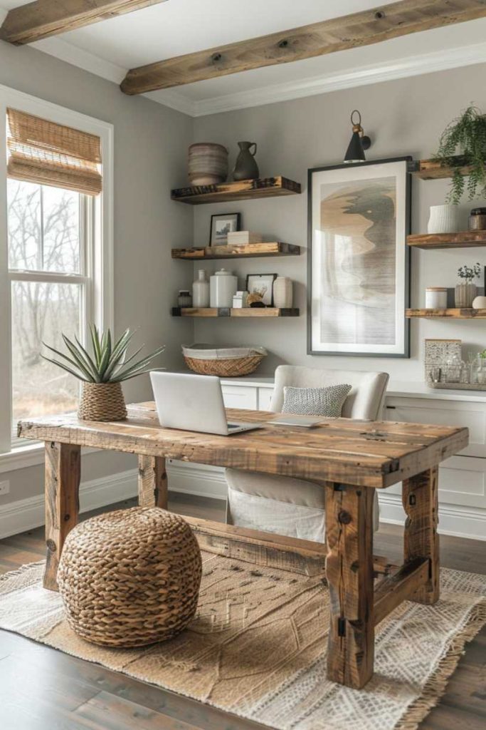 A room with a laptop and shelves on the wall.