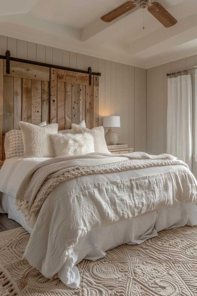 A cozy bedroom with a rustic wooden headboard, a comfortable bed with pillows and blankets, a bedside table with a lamp, beige walls, a ceiling fan and a patterned carpet.