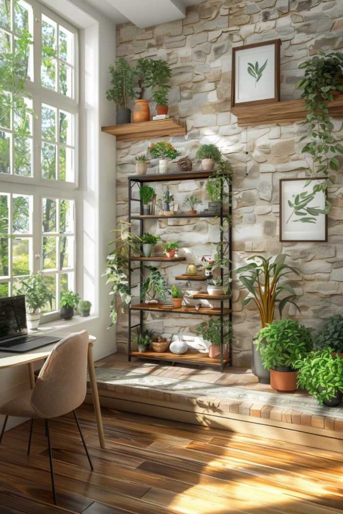 A bright room with large windows features a stone wall, shelves with various plants, framed botanical art, a desk with a laptop, a chair and wooden floors.