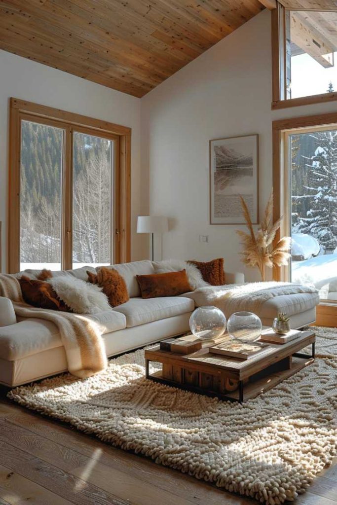 A cozy living room features a white sofa with brown and beige pillows, a textured rug, a wooden coffee table with glass decorations, large windows overlooking the snowy landscape, and wooden ceiling accents.