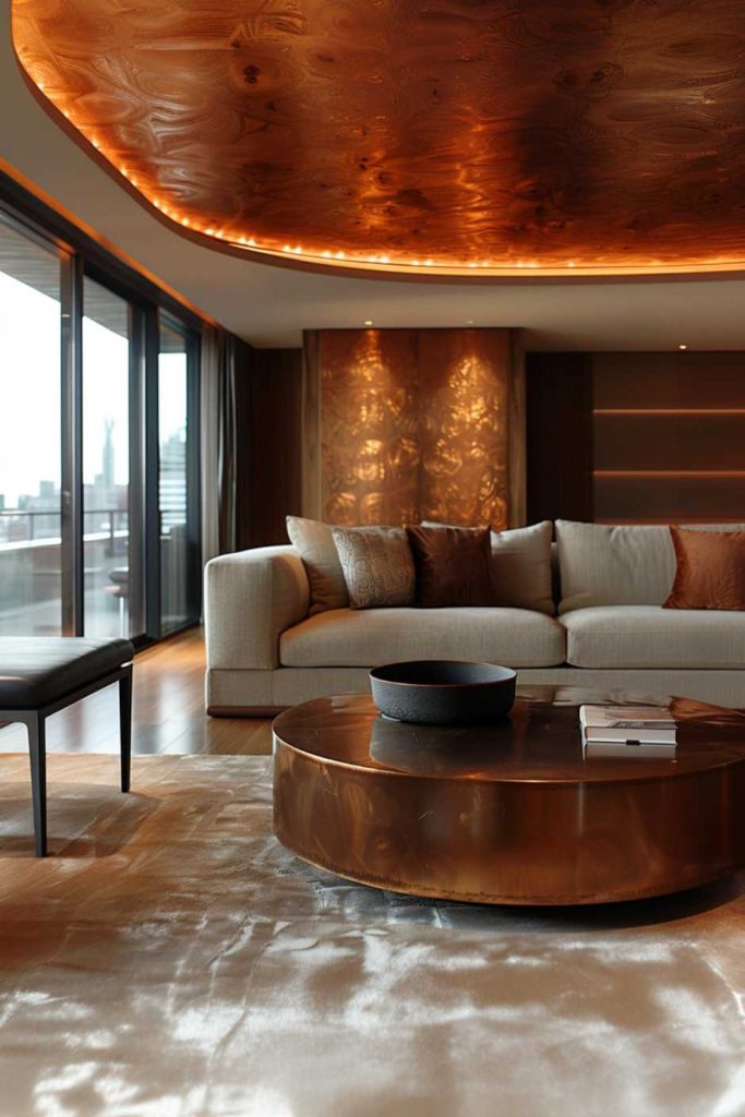 A modern living room with a beige sofa, illuminated wooden ceiling, large windows and a round wooden coffee table with a black bowl and a book on it.