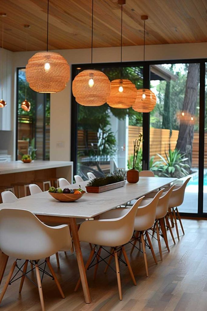 A modern dining room features a long table with white chairs, wicker pendant lights above, and views of a garden and pool through large sliding glass doors.