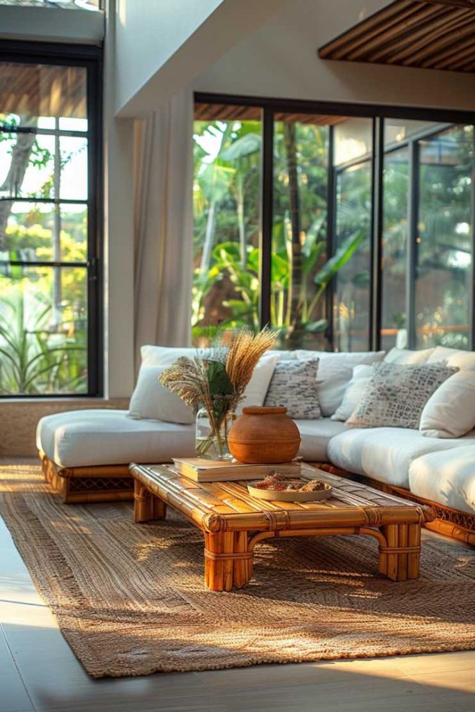 A sunlit living room with a white sofa set, a wooden coffee table and houseplants. Large windows provide a view of the greenery. There is a jute rug on the floor.