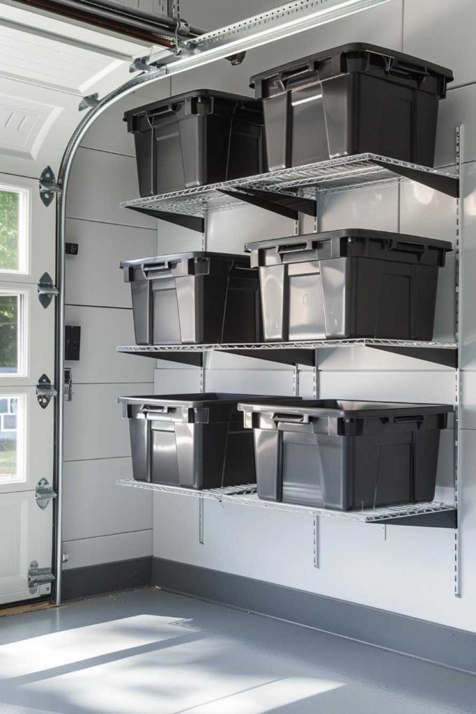 Wall-mounted shelves hold six black storage boxes in a clean, organized garage with the garage door partially open.