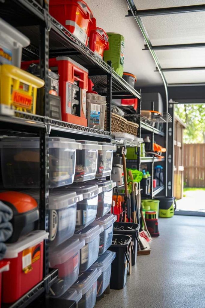 A neatly organized garage with shelves housing various labeled plastic containers, storage boxes and tools. Natural light comes in through an open door, revealing a garden outside.