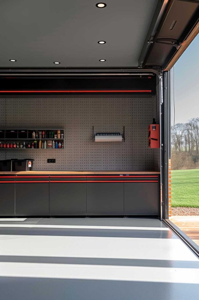 A clean, organized garage with wall-mounted shelves and cabinets to store various tools and supplies. The garage door is open and reveals a view of a meadow outside.