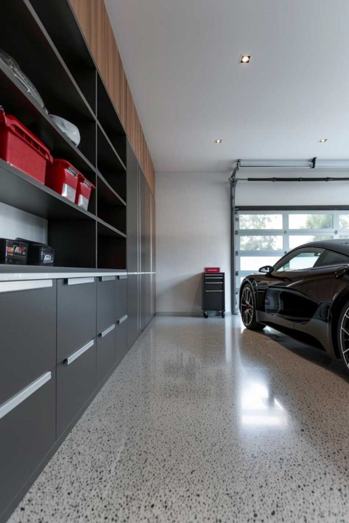 A modern garage with polished floors, sleek gray cabinets on the left, a toolbox in the back and a parked black sports car on the right.