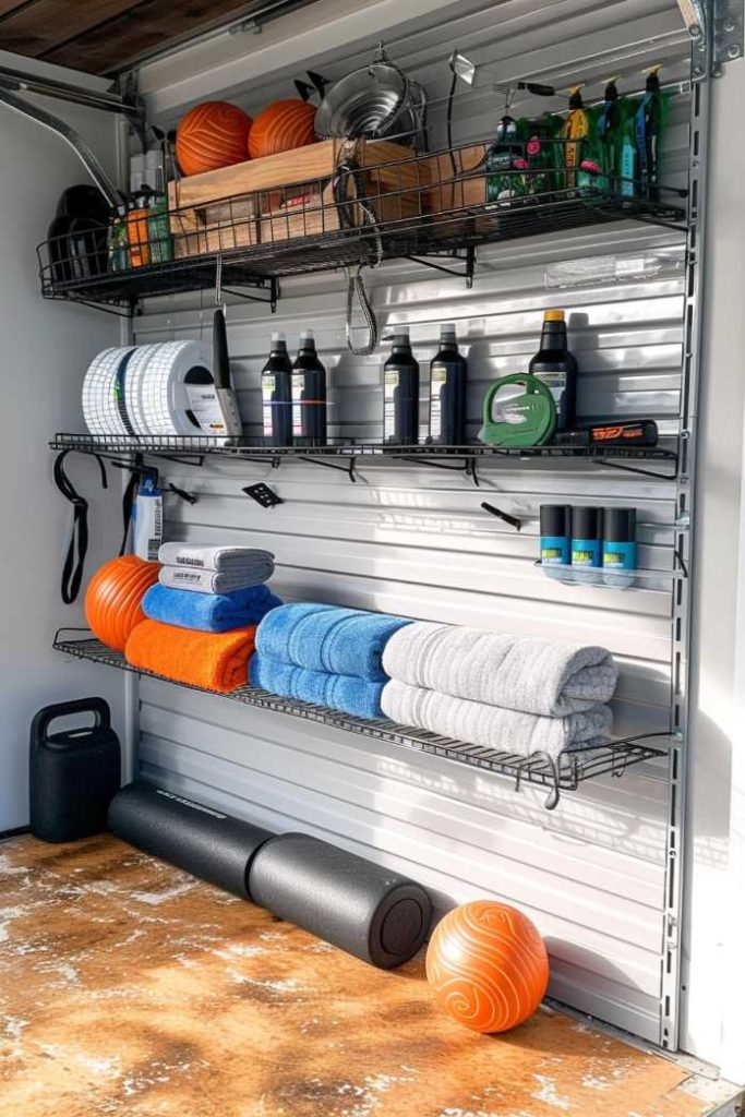 A well-organized storage unit with shelves for towels, exercise equipment, cleaning supplies and miscellaneous household items on a wooden floor.