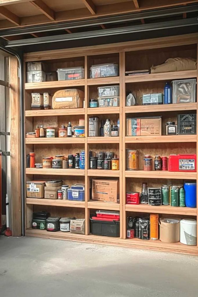 Shelves in a garage with various items including tools, bottles, boxes and containers.