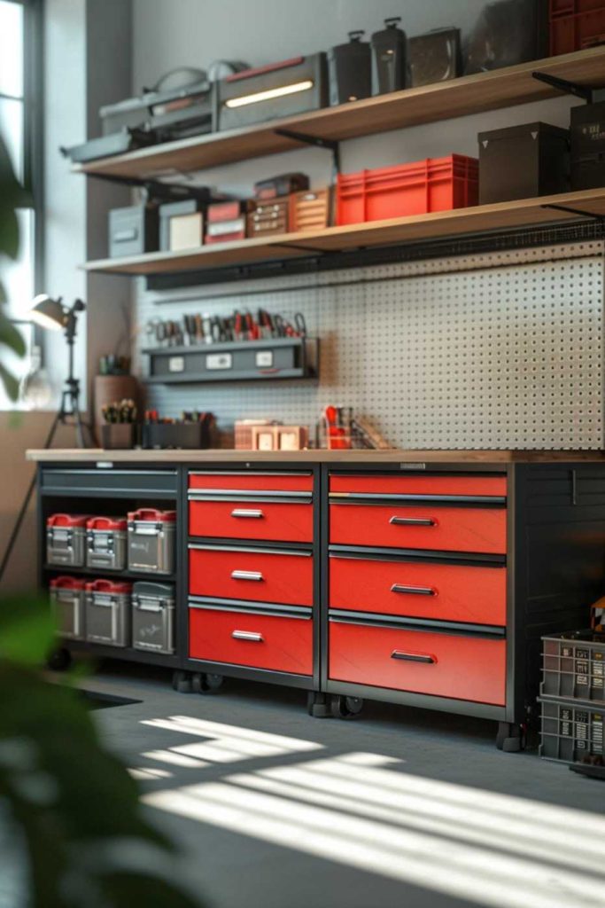 A well-organized workshop with red tool drawers, shelves with various materials and a pegboard with tools on the wall.