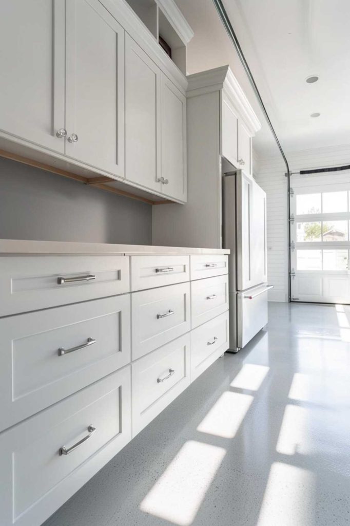 A modern kitchen with white cabinets, drawers and a refrigerator. The room is lit by natural sunlight through a large window.