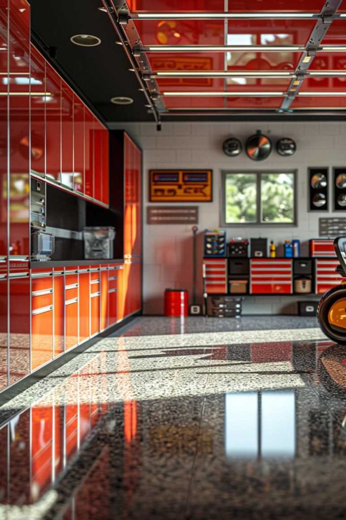 A clean, modern garage with red cabinets, a gray speckled floor, wall-mounted tools, and natural light streaming through a window.