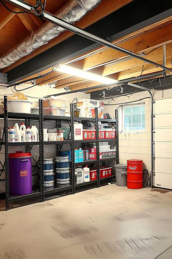 A well-organized garage with metal shelves for various containers including cleaning supplies and paint cans. A large red trash can and a smaller gray trash can sit on the ground next to a window and a locked garage door.