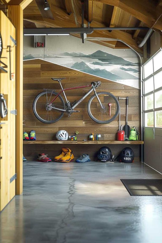 A neatly organized garage with a bicycle mounted on the wooden wall. Below, bicycle accessories, helmets and shoes are arranged on a shelf and on the floor.