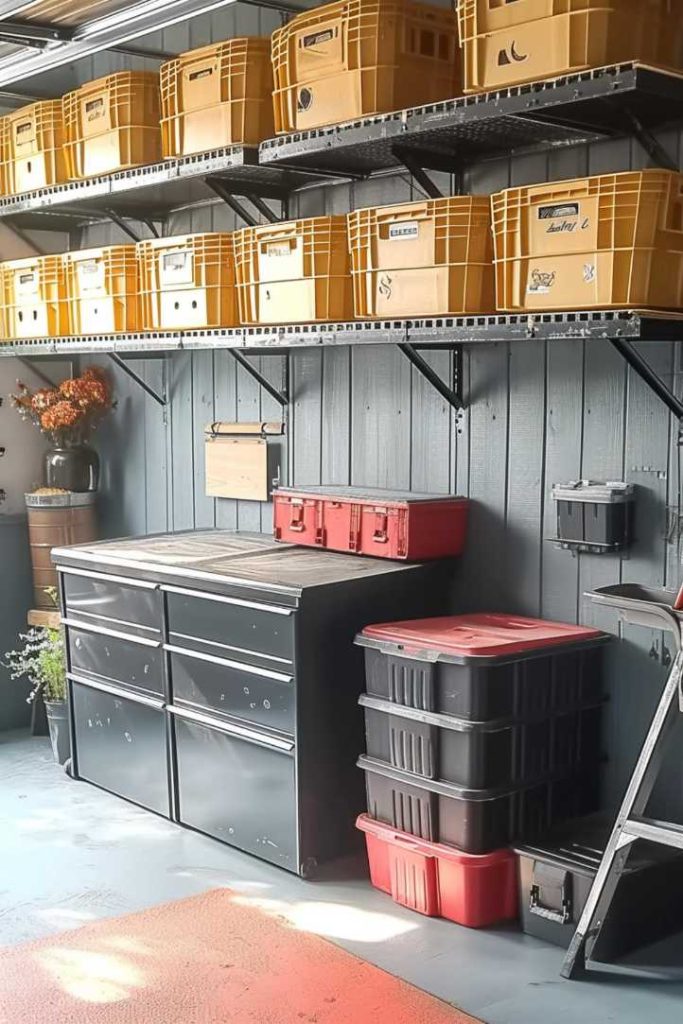 A garage storage area with wall shelves containing yellow plastic bins, a black toolbox with red bins, a wooden barrel with flowers and a small step ladder.