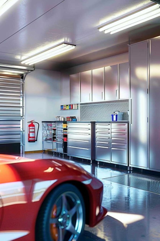 A clean, organized garage with metal drawers, cabinets, a fire extinguisher and miscellaneous items on the counter. Partial view of a red sports car in the foreground.