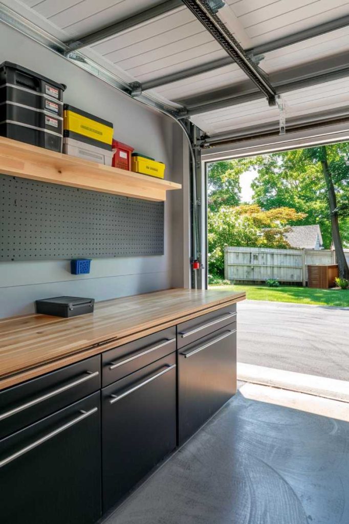 A tidy garage workspace with a wood top countertop, black cabinets and overhead shelves. The garage door is open, revealing a driveway and a green backyard with trees and a fence.