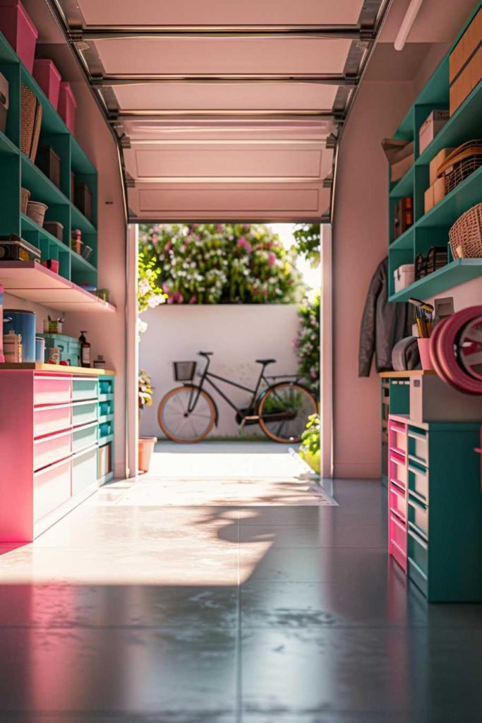 A tidy garage with colorful shelves and drawers on either side, an open garage door with a bike sitting on the wall outside, and a variety of neatly organized items on the shelves.