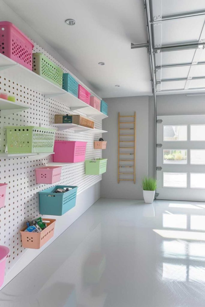 A garage with organized shelves, different colored storage boxes on a perforated wall, a decorative ladder on the opposite wall and a potted plant in the corner.