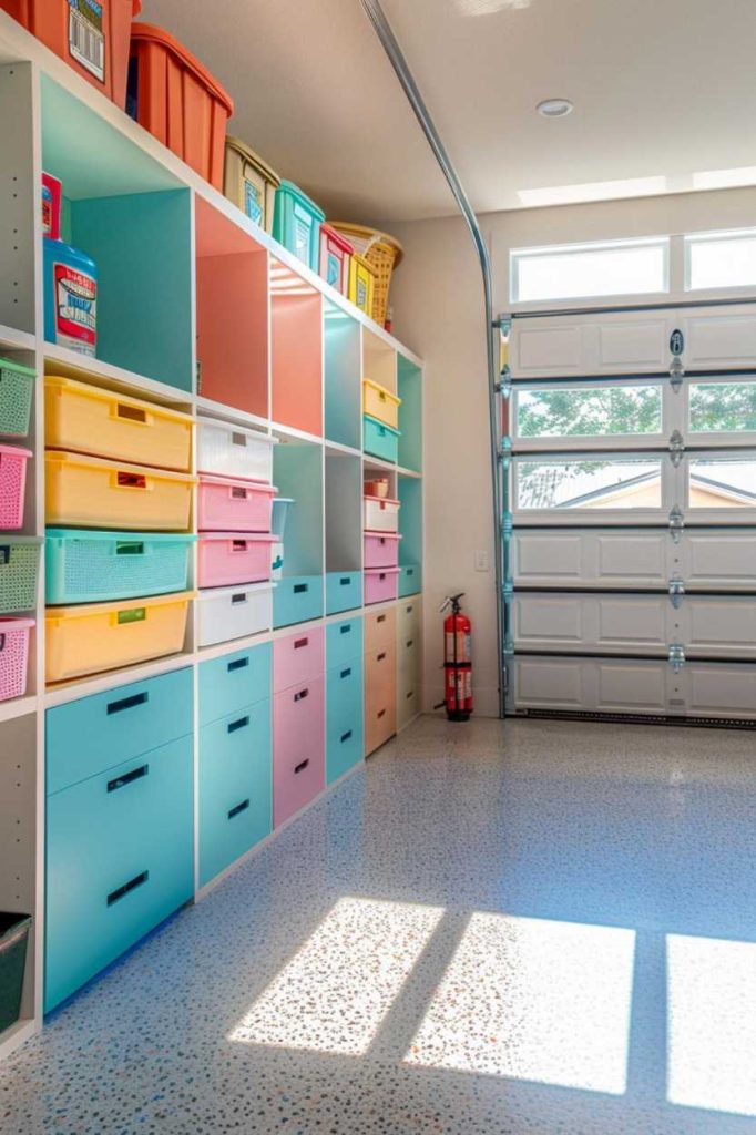 A well-organized garage with colorful storage bins and drawers on the left, a clean floor and a partially open garage door allowing sunlight to stream in. There is a fire extinguisher hanging on the wall.