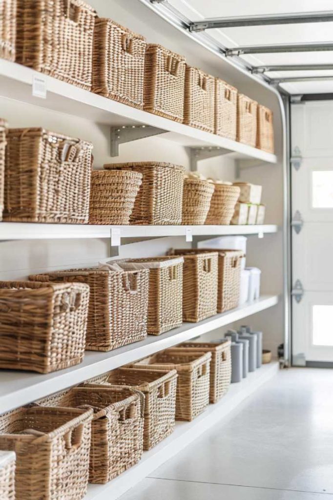 Shelves with neatly organized woven baskets and various storage containers in a well-lit, clean garage or storage room.