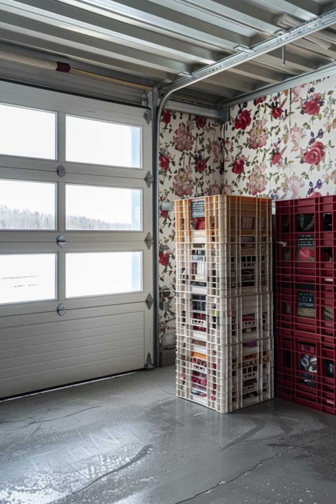 A garage with a large French door decorated with floral wallpaper and stacked boxes with various bottles. The concrete floor appears slightly wet.