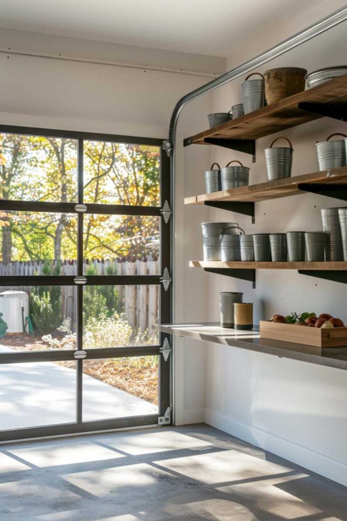 A bright garage with a large glass door, wooden shelves with metal bins and a wooden box with apples on a counter. Trees and a white fence can be seen outside.